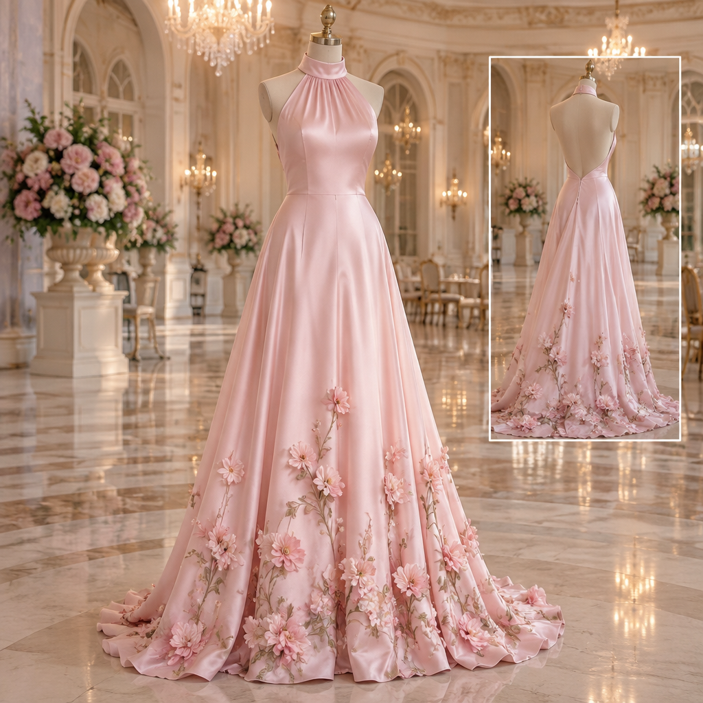 Long silky Light pink high neck low back dress with flowers on the bottom of the dress on a mannequin with a ballroom background
photorealistic fashion design, Long silky Light pink high neck low back dress with flowers on the bottom of the dress on a mannequin with a ballroom background, pastel style, just the design no text