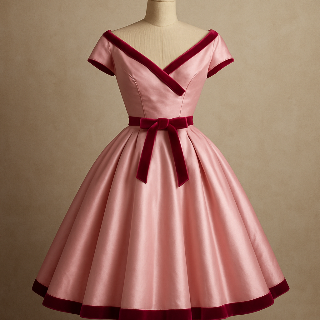 I would like to make a ballet pink silk dress in the Dior "new look" silhouette. It should be trimmed with velvet ribbons in magenta. 

I would like to make a ballet pink silk dress in the Dior "new look" silhouette. It should be trimmed with velvet ribbons in magenta. , vintage style