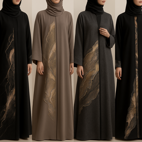 Create a modest abaya, the first of its kind, featuring a unique stone design that exudes a classy and sophisticated vibe. I'd like four designs, each showcasing different styles and fabrics. Incorporate high-end, unique chic stone designs to make them truly special. Add little sophisticated stone designs. Make it irresistible for customers 