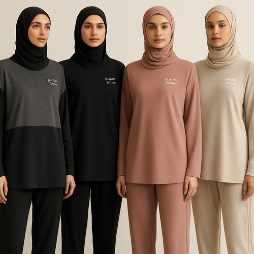 Create a revolutionary women's modest loose gym wear brand called "Modest Fleur". Display the brand name on the in a unique design on the upper right side, in small thick writing that exudes a classy and sophisticated vibe. I'd like four designs, each showcasing different styles and fabrics, with high-end, chic designs to make them truly special. Making it first design in the world 