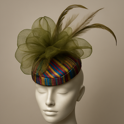 Create a one of a kind fascinator wedding hats, using colorful aso oke and a olive green dazzling organza fabric, with feathers that will look unique, graceful, And attractive.