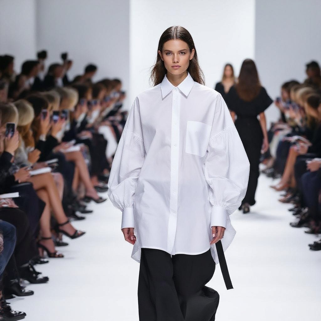 A big shirt, that has an extended shoulder, with loops on the side that can be worn as casual and corporate and has balloon sleeves with a picture of how the back will look
A white poplin big shirt with extended shoulders, side loops, and balloon sleeves. The back features a loose, flowing drape.