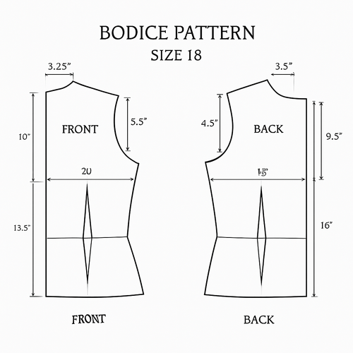 Create a bodice pattern drafting for size 18 with measurements around the draft