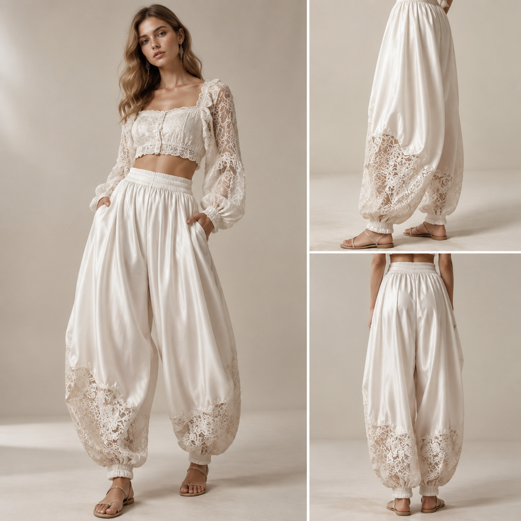 A Female Pants design. создай брюки аладины объёмного размера белой расцветке с элементами кружева в низу штаны выполнены саморегулирующийся резинкой, резинка на поясе выполнена без шнурков основа ткань у штанов шёлк. Russia fashion aesthetics. Present it as professional fashion catalogue photography: the garment is the subject, shown full-length with editorial styling, neutral posing and tasteful, non-suggestive framing.
photorealistic fashion design, A Female Pants design. создай брюки аладины объёмного размера белой расцветке с элементами кружева в низу штаны выполнены саморегулирующийся резинкой, резинка на поясе выполнена без шнурков основа ткань у штанов шёлк. Russia fashion aesthetics. Present it as professional fashion catalogue photography: the garment is the subject, shown full-length with editorial styling, neutral posing and tasteful, non-suggestive framing., just the design no text