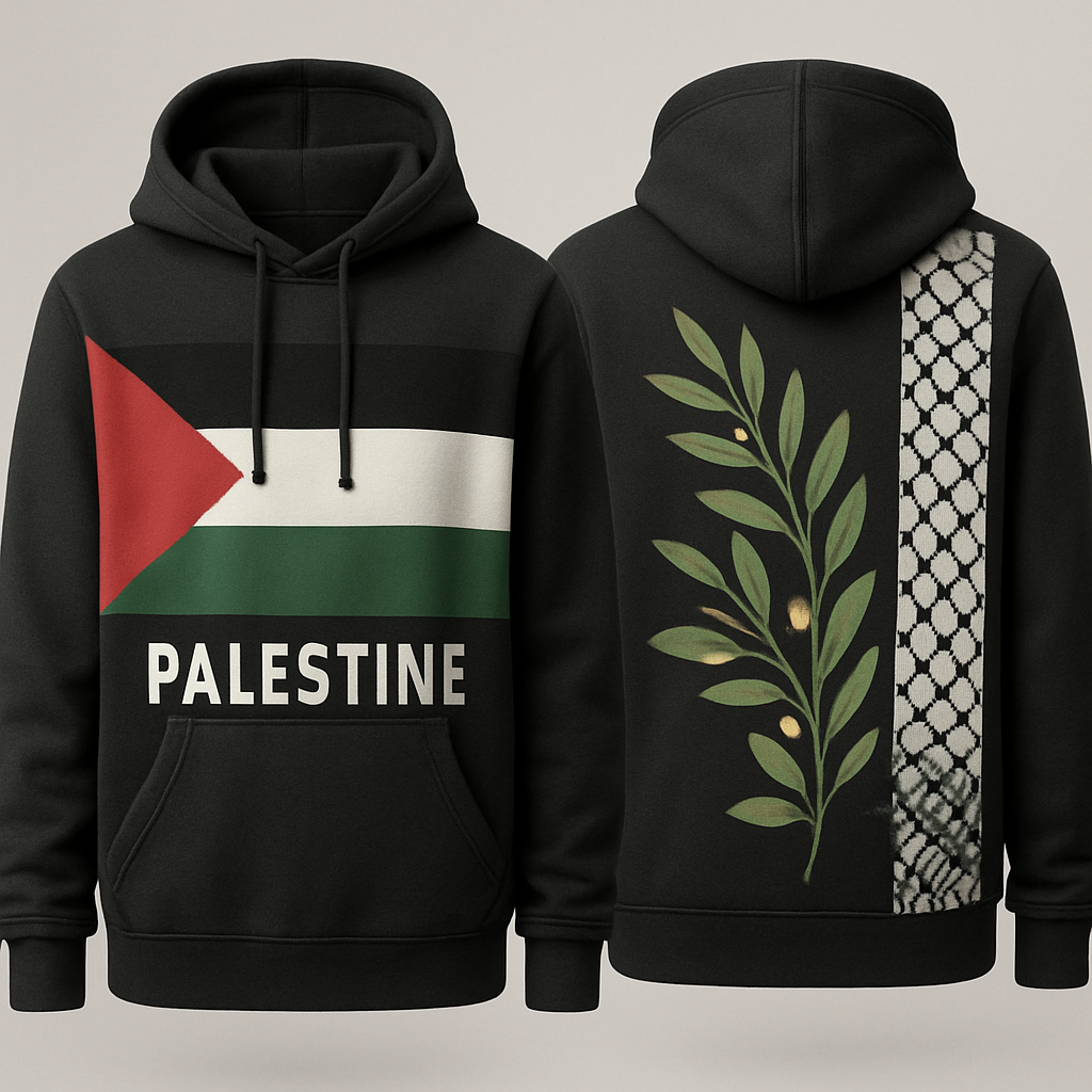 Palestinian hoodie with the flag and olive street with a kuffieya
Palestinian hoodie with the flag and olive street with a kuffieya, middle_eastern style, show front and back