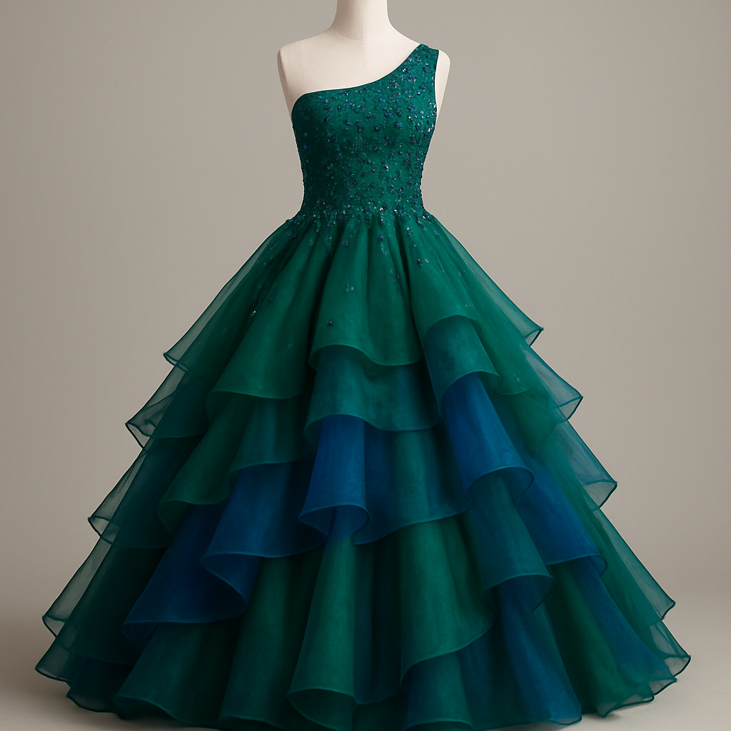 A blue and green A-line pageant dress with a layered skirt. I want the main color to be an emerald green with hints of royal blue stones. But I wanted the skirt to be layered with blue and green organza. The top portion will be a one shoulder
A blue and green A-line pageant dress with a layered skirt. I want the main color to be an emerald green with hints of royal blue stones. But I wanted the skirt to be layered with blue and green organza. The top portion will be a one shoulder , formal style