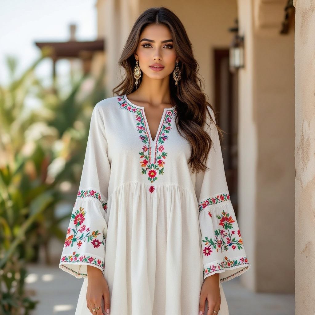 Balochi
Balochi dress, made from cotton, with a loose fit, embroidered details on the sleeves and neckline, and a flowing silhouette.