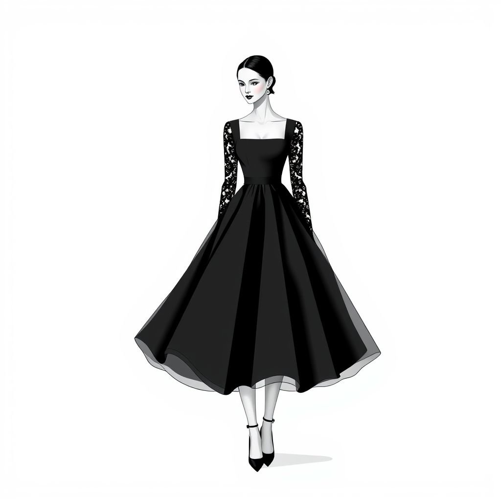 Square neckline princess flare dress, bishop lace sleeves black
Design a minimalist square neckline princess flare dress featuring clean lines and an elegant silhouette. Incorporate bishop lace sleeves in a subtle black, allowing the texture to enhance the simplicity. Emphasize a monochrome palette, focusing on an effortless blend of sophistication and understated beauty, perfect for any refined occasion.