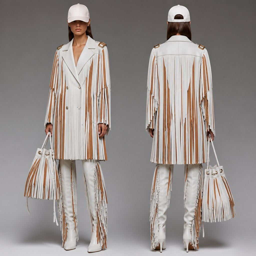 Jacket in 3/4 length long made from hanging fringes two gold buckles on the shoulders double breasted jacket with knee boots all suede white with white and cooper color mixed fringes handing from boots matching the jacket same design as the boots and a drawstring bag , and a white suede baseball cap
photorealistic fashion design, Jacket in 3/4 length long made from hanging fringes two gold buckles on the shoulders double breasted jacket with knee boots all suede white with white and cooper color mixed fringes handing from boots matching the jacket same design as the boots and a drawstring bag , and a white suede baseball cap , haute_couture style, just the design no text, show front and back