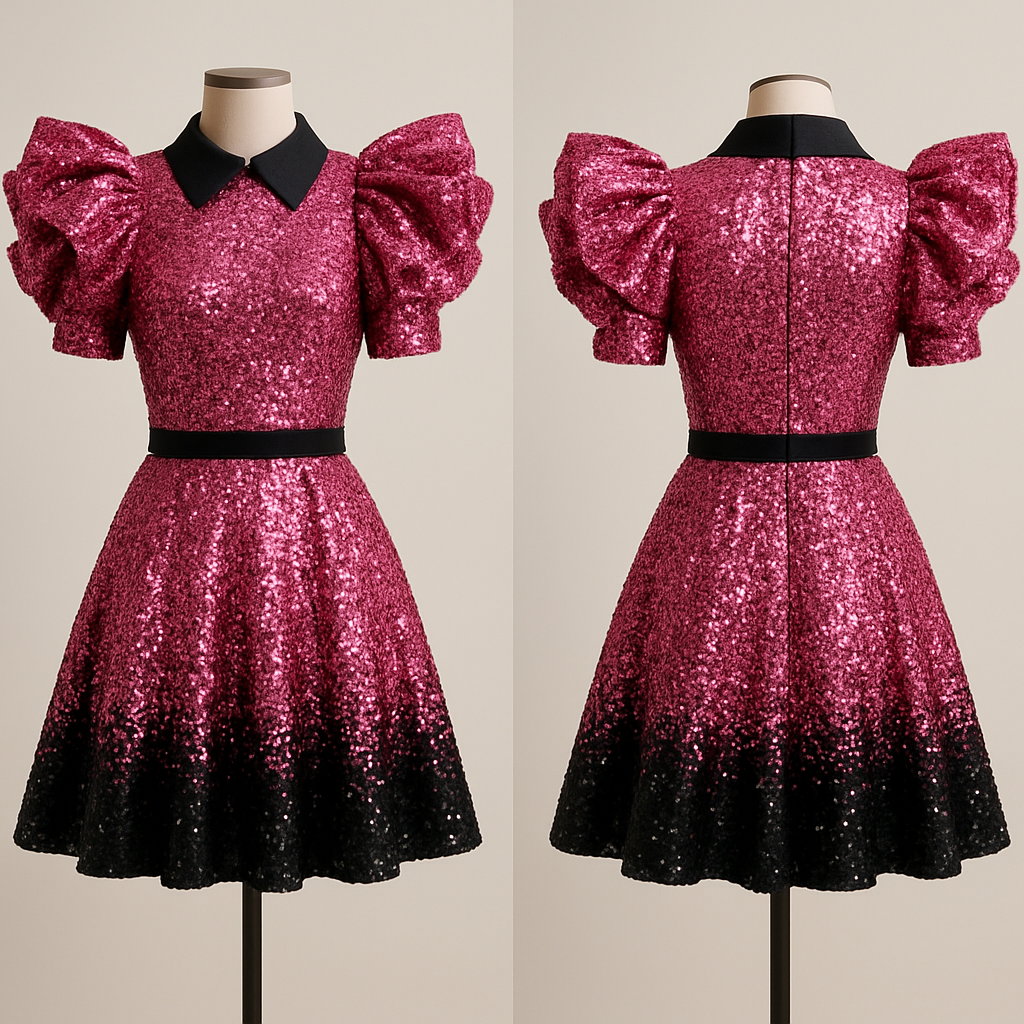 A pink and black sequence dress with giant ruffles on the shoulders
A pink and black sequence dress with giant ruffles on the shoulders, preppy_chic style, show front and back