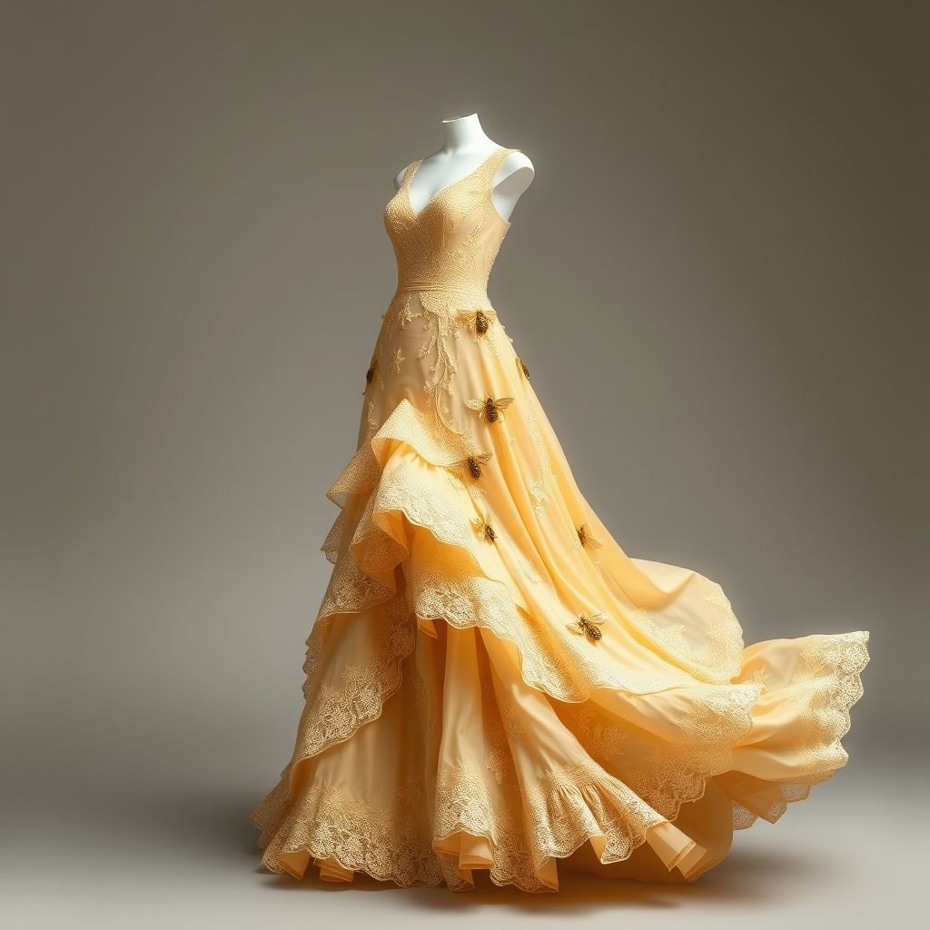 A honey bee & honey comb themed spring day dress.
Design an exquisite luxury spring day dress inspired by honey bees and honeycombs. Envision soft, flowing silk fabric in warm gold and creamy beige hues, adorned with intricate bee embroidery and hexagonal lace motifs. The dress features a fitted bodice, cascading ruffles, and a dramatic train, capturing nature's elegance effortlessly.