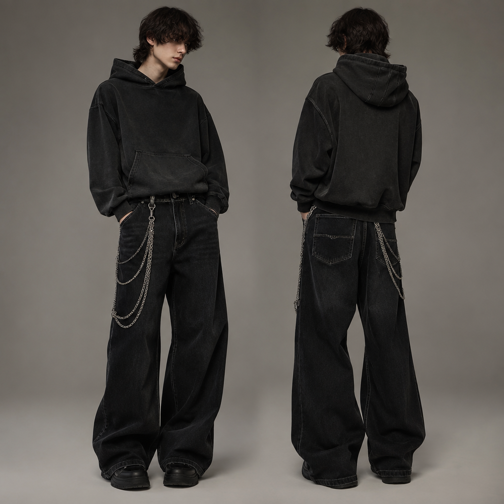 A Unisex Pants design, suitable for Fall. черные бэги джинсы с цепями. Russia fashion aesthetics. Present it as professional fashion catalogue photography: the garment is the subject, shown full-length with editorial styling, neutral posing and tasteful, non-suggestive framing.
photorealistic fashion design, A Unisex Pants design, suitable for Fall. черные бэги джинсы с цепями. Russia fashion aesthetics. Present it as professional fashion catalogue photography: the garment is the subject, shown full-length with editorial styling, neutral posing and tasteful, non-suggestive framing., just the design no text