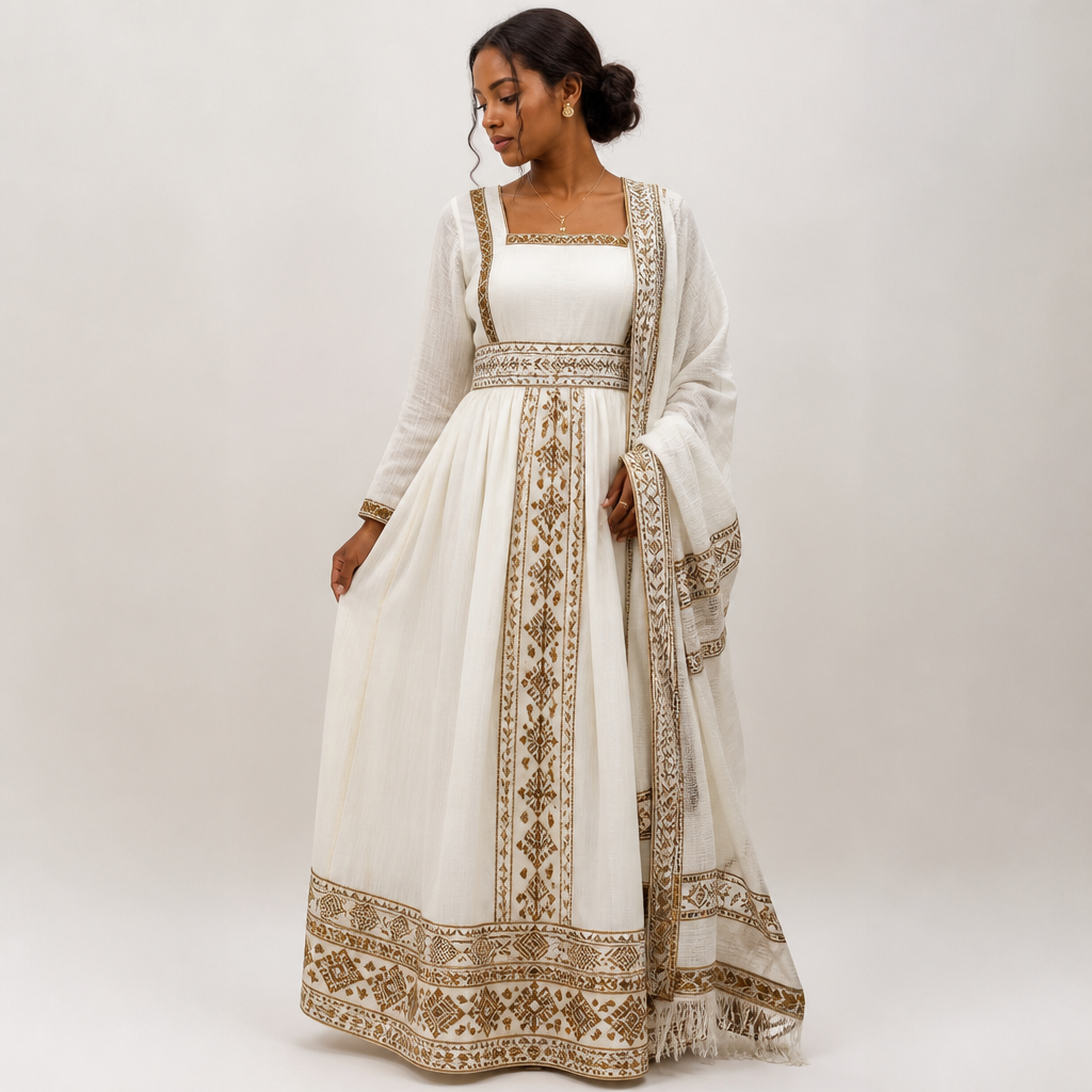 A Female Dress design, suitable for Summer. Consider Ethiopian fashion — habesha kemis, netela shawls, intricate hand-weaving, white cotton traditions.
photorealistic fashion design, A Female Dress design, suitable for Summer. Consider Ethiopian fashion — habesha kemis, netela shawls, intricate hand-weaving, white cotton traditions., just the design no text