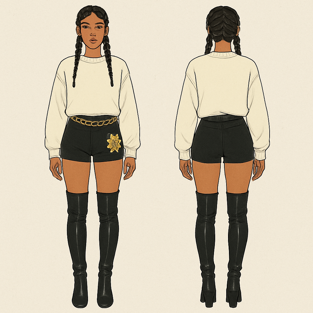 Sweater shirt black shorts gold chain on shorts flower on the shorts braids thigh high boots
Sweater shirt black shorts gold chain on shorts flower on the shorts braids thigh high boots , streetwear style, show front and back