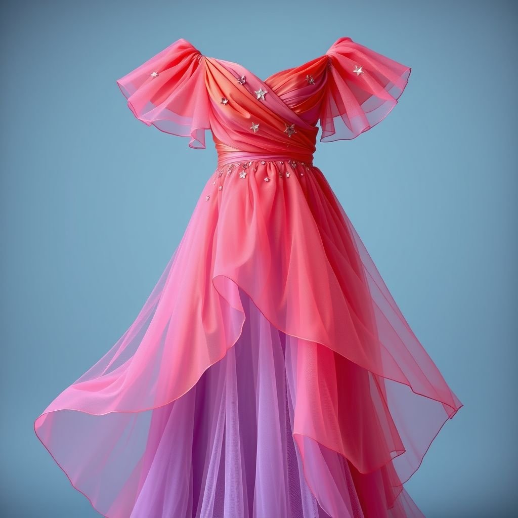 Dress
Envision a flowing, asymmetrical dress inspired by the ethereal beauty of a sunset. The fabric transitions from deep coral to soft lavender, adorned with iridescent beadwork resembling twinkling stars. Layered, lightweight tulle accents create a sense of movement, while delicate off-shoulder sleeves add a touch of romantic whimsy to this enchanting evening gown.