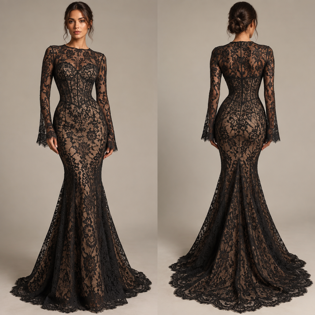 A black lace mermaid-style dress with a beige lining underneath the lace, including the sleeves. The dress has a corset-style bodice designed to define and sculpt the waist.
The neckline is a fully closed, round neckline, with both the front and back completely covered. The dress should have a medium-length train only at the back, not excessively long.
From the front, the dress should be long enough to fully cover the legs. The sleeves should be fitted along the arms and flare slightly only at the ends.
The dress should be fitted through the upper body and hips, then gradually flare out from below the thighs into a wider mermaid silhouette.
photorealistic fashion design, A black lace mermaid-style dress with a beige lining underneath the lace, including the sleeves. The dress has a corset-style bodice designed to define and sculpt the waist.
The neckline is a fully closed, round neckline, with both the front and back completely covered. The dress should have a medium-length train only at the back, not excessively long.
From the front, the dress should be long enough to fully cover the legs. The sleeves should be fitted along the arms and flare slightly only at the ends.
The dress should be fitted through the upper body and hips, then gradually flare out from below the thighs into a wider mermaid silhouette., just the design no text, show front and back