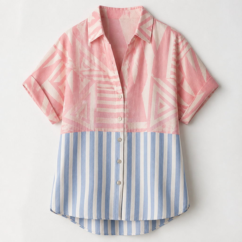 A Female Top design, made of Linen, for Casual, suitable for Summer, in Coastal Grandmother + Colorful + Artisanal style. short sleeve, flamingo pink upper side with geometric patterns, lower side is striped with pastel blue and white, buttoned up
photorealistic fashion design, A Female Top design, made of Linen, for Casual, suitable for Summer, in Coastal Grandmother + Colorful + Artisanal style. short sleeve, flamingo pink upper side with geometric patterns, lower side is striped with pastel blue and white, buttoned up, coastal_grandmother style, just the design no text