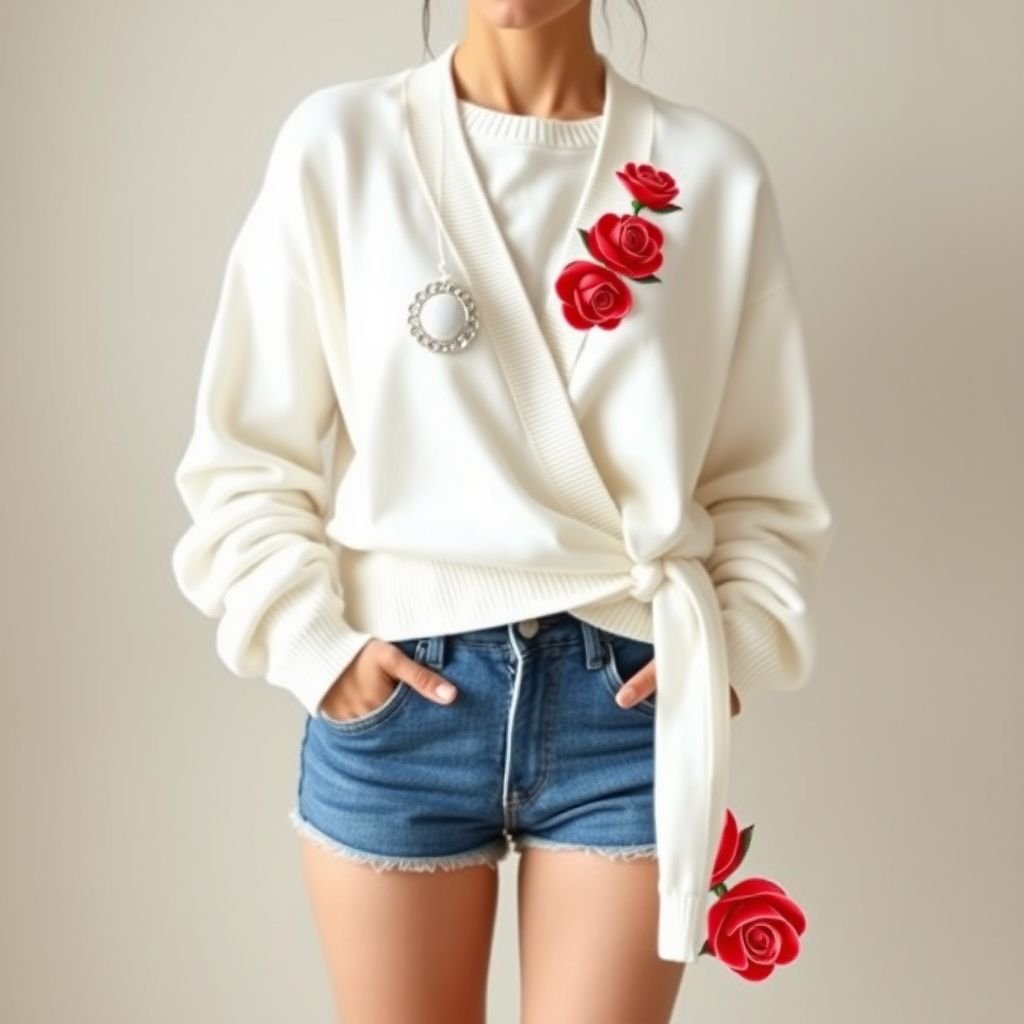 Wrap style sweater cotton knit waist length white with red roses embossed on wrap border
Design a casual wrap sweater crafted from soft cotton knit, featuring a waist-length silhouette in a crisp white hue. The highlight is an elegant border of embossed red roses, adding a whimsical touch to the relaxed style. Perfect for layering over jeans or shorts, it effortlessly combines comfort with charm.