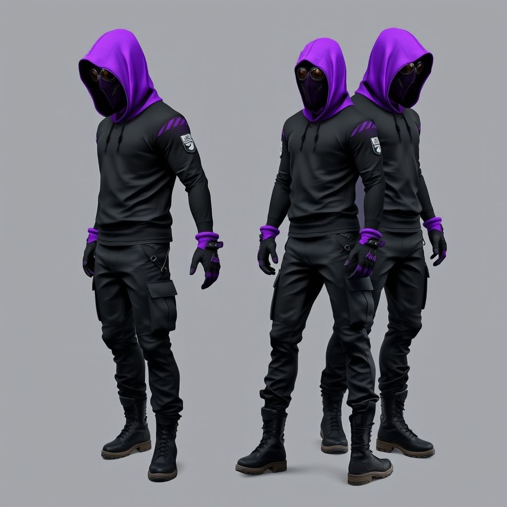 3d image.Tactical suit.Purple hood. Purple and black balaclava. Black t shirt with purple sleeves. Black Cargo trousers. Black and purple gloves. Black boots.
Create a striking 3D image of a futuristic military tactical suit, featuring a vibrant purple hood and a matching purple and black balaclava for an edgy look. The ensemble includes a fitted black t-shirt with bold purple sleeves, sleek black cargo trousers, and robust black boots, complemented by black and purple gloves for ultimate tactical flair.