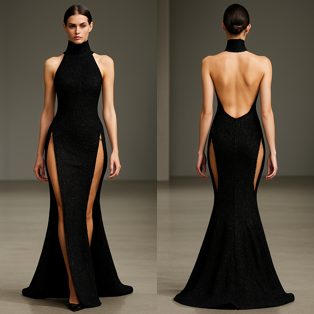 the dress is going to be black with gold thread. A backless and strapless and sleeveless turtleneck, it’s fitted and at the hips there’s two long open pieces which show off a hip window with gold chains that show from both front and back, it also has a mermaid skirt at the bottom.
the dress is going to be black with gold thread. A backless and strapless and sleeveless turtleneck, it’s fitted and at the hips there’s two long open pieces which show off a hip window with gold chains that show from both front and back, it also has a mermaid skirt at the bottom. , runway style, show front and back