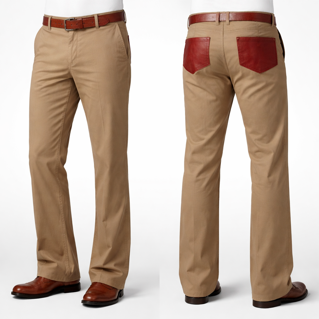 Khaki pants same fabric as dockers boot cut fit with red leather pockets on the back
Khaki pants same fabric as dockers boot cut fit with red leather pockets on the back , show front and back