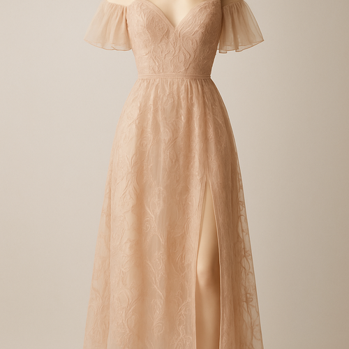 I want line embroidered dress, loose one sheer layer, color blushed Champaign & make it off shoulder with tiny waist. add open leg. & make the chest V medium length cut.