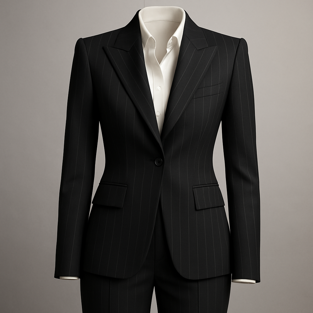 Sharp power suit with peaked lapels and subtle pinstripe detailing
Business fashion design: Sharp black power suit in smooth wool with peaked lapels and subtle white pinstripes. Tailored fit.