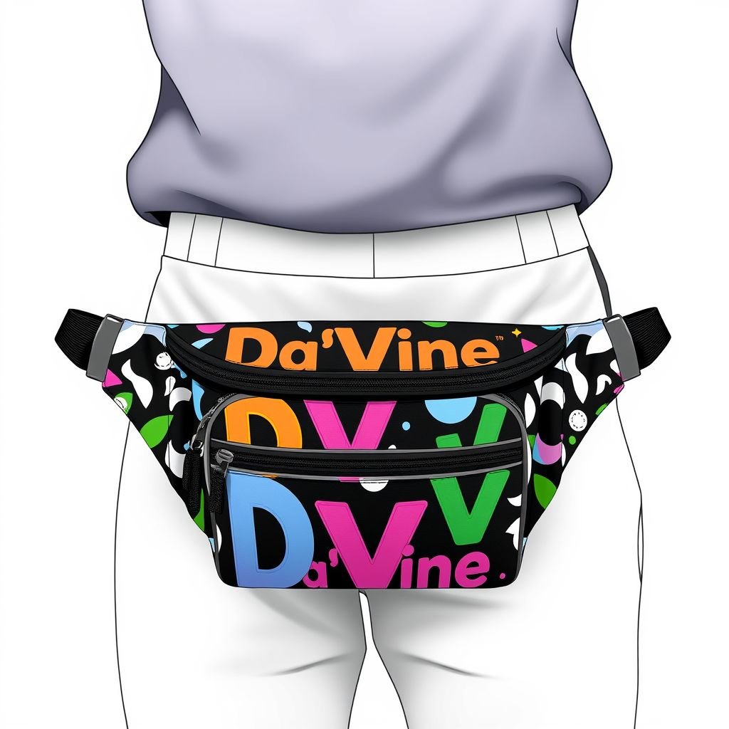 A fanny pack with the name “Da’Vine” on it. With DV on it
Design a stylish casual fanny pack named “Da’Vine,” crafted from durable, lightweight fabric. Incorporate a sleek, minimalist silhouette adorned with bold DV lettering in vibrant colors. The pack features adjustable straps for comfort, multiple pockets for practicality, and a playful blend of modern patterns, making it perfect for everyday adventures and outings.