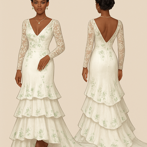 Black girl 
Finger waves with small flowers in hair 
Wedding dress
V cut at breast 
Long dress 
Long train 
Lace sleeves 
Ruffles going down the dress 
Green flower designs
Diamond ring on finger 
Diamond heart necklace 
Green eyeshadow 
Clear lipgloss 
Diamond earrings 
Diamond bracelet 
White heels with green pearls 
French tip nails with pearls 

