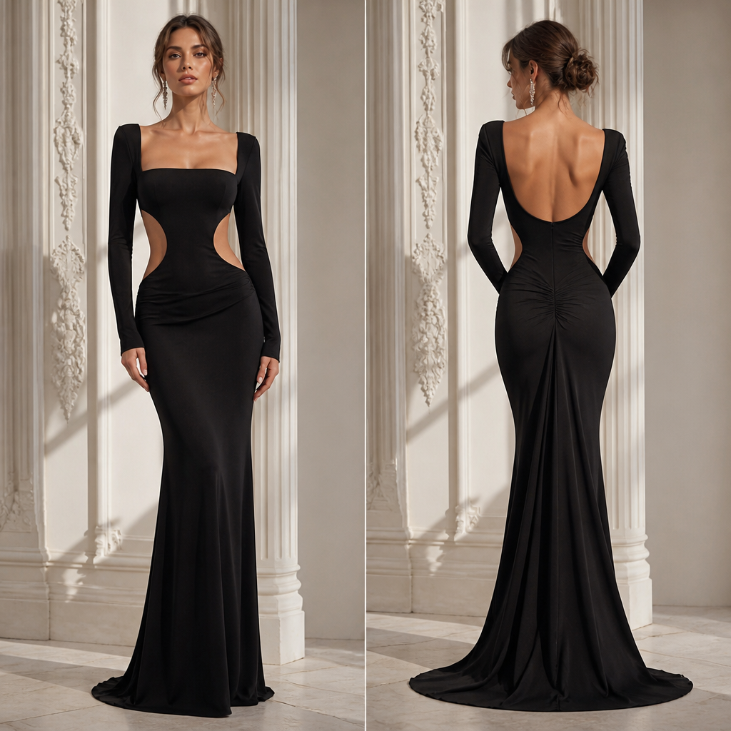 A Female Dress design, with a minimal-coverage cut, in Classic + Minimalist + Glamorous style. Elegant women's evening dress, full length, long sleeves, square neckline.. IR fashion aesthetics. Present it as professional fashion catalogue photography: the garment is the subject, shown full-length with editorial styling, neutral posing and tasteful, non-suggestive framing.
photorealistic fashion design, A Female Dress design, with a minimal-coverage cut, in Classic + Minimalist + Glamorous style. Elegant women's evening dress, full length, long sleeves, square neckline.. IR fashion aesthetics. Present it as professional fashion catalogue photography: the garment is the subject, shown full-length with editorial styling, neutral posing and tasteful, non-suggestive framing., classic style, just the design no text, show front and back