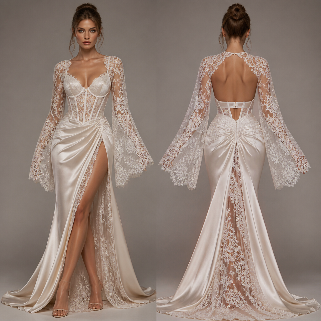 A Female Dress design, suitable for Summer, in Glamorous style. i want satin and lace dress, skirt made of satin and lace, corset underbust breast triangle satin, over breast and wide sleeves lace. HR fashion aesthetics.
photorealistic fashion design, A Female Dress design, suitable for Summer, in Glamorous style. i want satin and lace dress, skirt made of satin and lace, corset underbust breast triangle satin, over breast and wide sleeves lace. HR fashion aesthetics., glamorous style, just the design no text