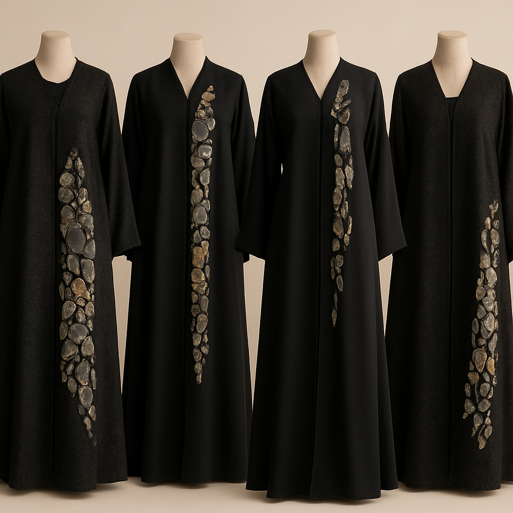 Create a modest abaya that's the first of its kind, featuring a unique stone design that exudes a classy and sophisticated vibe. I'd like four designs, each showcasing different styles and fabrics.
Incorporate high-end, unique chic stone designs to make them truly special. Add a little sophisticated stone work to it.
Create a modest abaya that's the first of its kind, featuring a unique stone design that exudes a classy and sophisticated vibe. I'd like four designs, each showcasing different styles and fabrics.
Incorporate high-end, unique chic stone designs to make them truly special. Add a little sophisticated stone work to it.