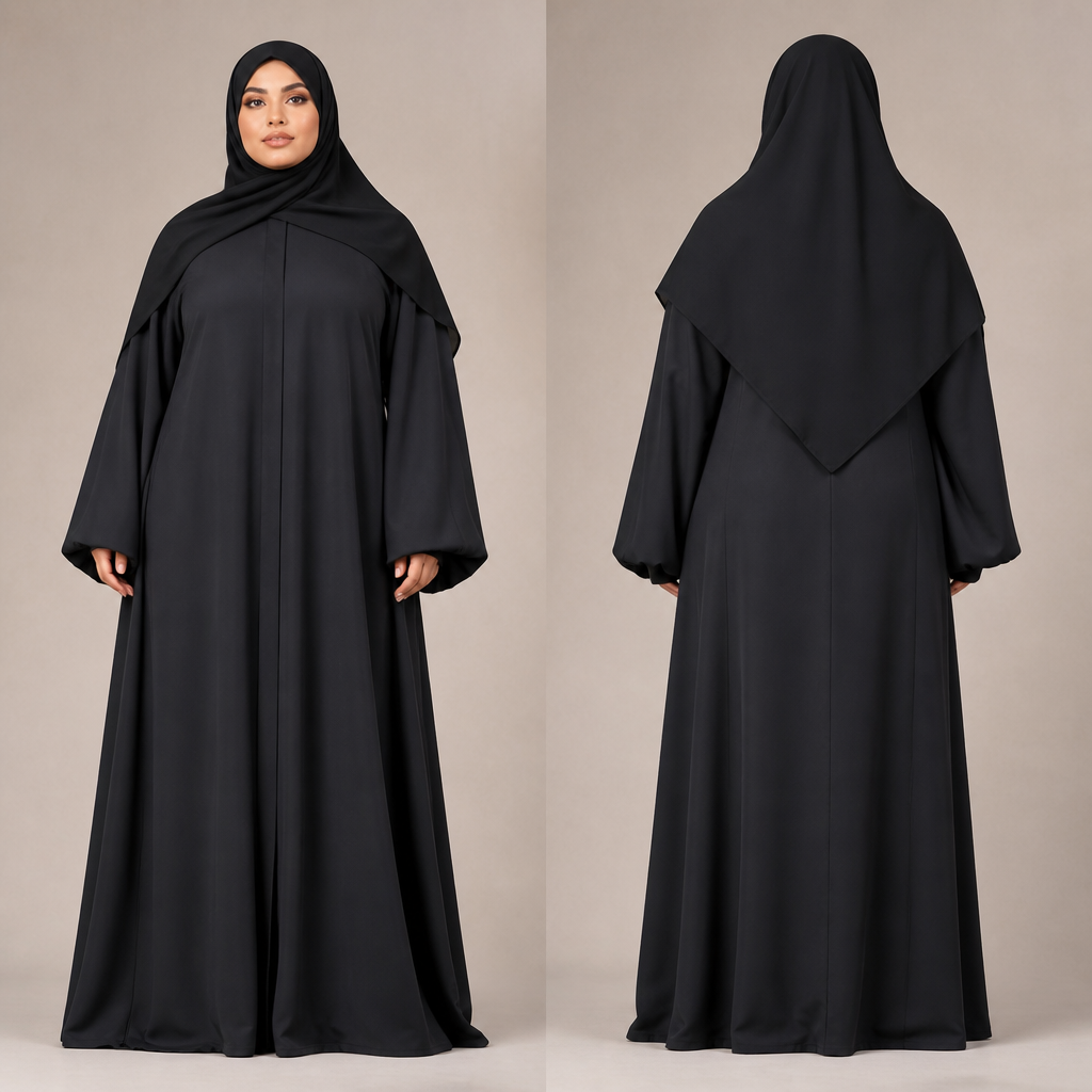 photorealistic fashion design, A Abaya design, made of Cotton, with a sturdy, casual hand, with an A-Line silhouette, with modest, full coverage: longer hemlines, higher necklines and covered shoulders, in Middle Eastern style, shown on a model with a plus-size figure. Germany fashion aesthetics. Present it as professional fashion catalogue photography: the garment is the subject, shown full-length with editorial styling, neutral posing and tasteful, non-suggestive framing., middle_eastern style, just the design no text, show front and back. Refinement: abaya mit kopftuch zusammen. richtiger abaya wo die arme mehr Stoff haben. das koptuch ist am Kleid genäht
photorealistic fashion design, photorealistic fashion design, A Abaya design, made of Cotton, with a sturdy, casual hand, with an A-Line silhouette, with modest, full coverage: longer hemlines, higher necklines and covered shoulders, in Middle Eastern style, shown on a model with a plus-size figure. Germany fashion aesthetics. Present it as professional fashion catalogue photography: the garment is the subject, shown full-length with editorial styling, neutral posing and tasteful, non-suggestive framing., middle_eastern style, just the design no text, show front and back. Refinement: abaya mit kopftuch zusammen. richtiger abaya wo die arme mehr Stoff haben. das koptuch ist am Kleid genäht, just the design no text