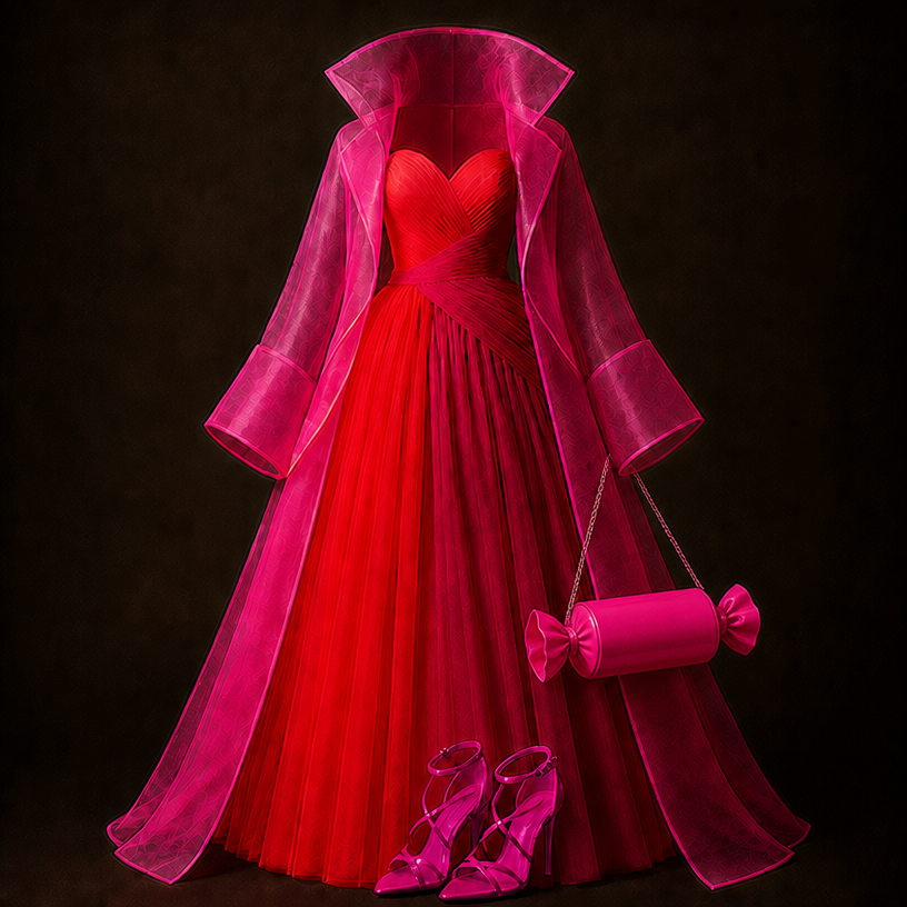 Add a Toostie roll bag in fuschia
edit the attached fashion design with these instructions: Add a Toostie roll bag in fuschia. keep it photorealistic, just the design no text