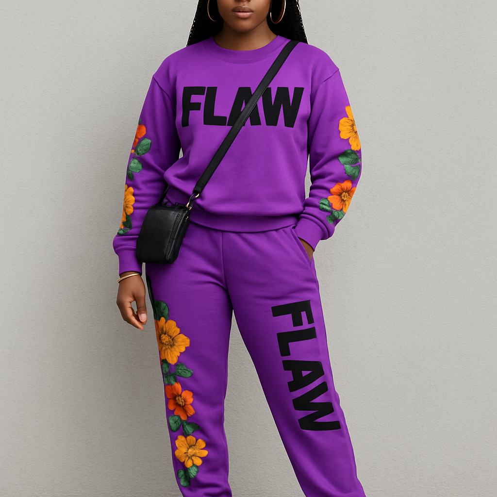 Purple jogging suit with bold words Flaw on it in Black braids gold hoop earrings and gold bracelet flowers on the sleeves and pants Flaw going down on the pants Black cross body purse and black nike shoes
Purple jogging suit with bold words Flaw on it in Black braids gold hoop earrings and gold bracelet flowers on the sleeves and pants Flaw going down on the pants Black cross body purse and black nike shoes