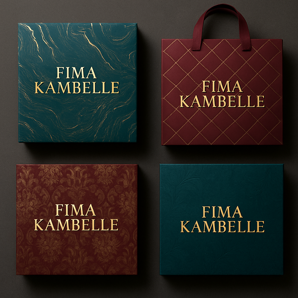 Create me 4 different unique, sophisticated packages materials for my clothing brand FIMA KAMBELLE by making it first of its kind and chic. Rich colors and designs 

Create me 4 different unique, sophisticated packages materials for my clothing brand FIMA KAMBELLE by making it first of its kind and chic. Rich colors and designs 