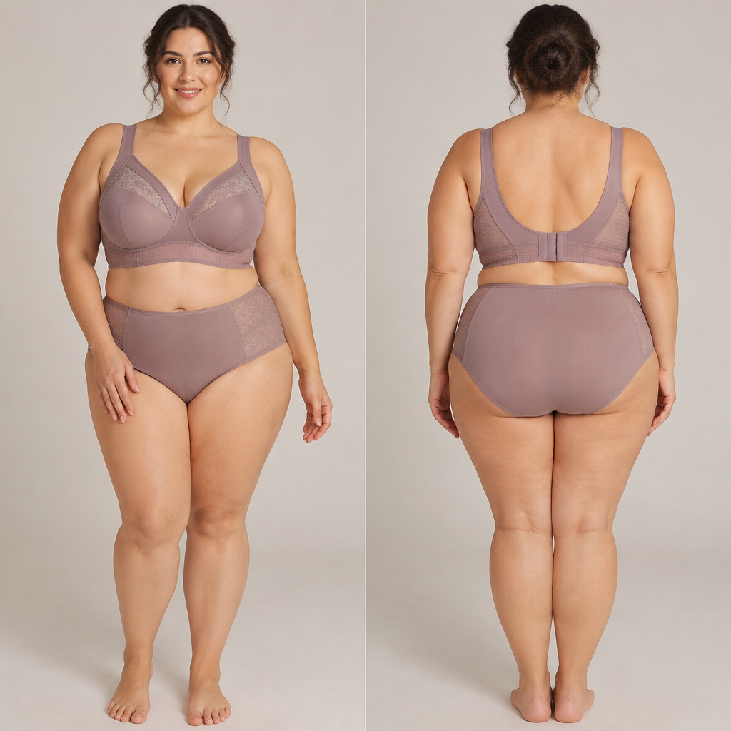 /design the wireless comfortable breath able bra for plus size women needs to be unique but something plus size women can purchase
photorealistic fashion design, /design the wireless comfortable breath able bra for plus size women needs to be unique but something plus size women can purchase , just the design no text, show front and back