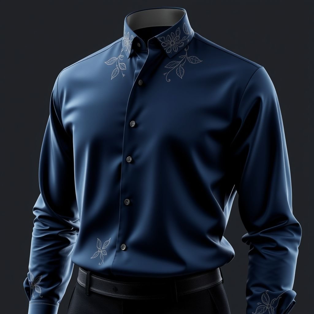 Create a shirt for men with unique design
Design an elegant men's shirt featuring a tailored silhouette with a subtle sheen. Incorporate intricate embroidery along the collar and cuffs, using refined color palettes of deep navy and soft silver. The fabric should flow effortlessly, with a sophisticated drape and hidden placket, ensuring an air of understated luxury and timeless style.