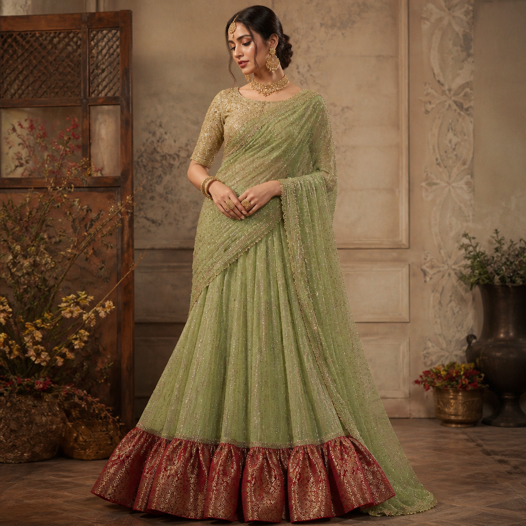 photorealistic fashion design, photorealistic fashion design, photorealistic fashion design, photorealistic fashion design, A Female Dress design, for Wedding. Mehendi green shimmer net fabric drape prestitched saree with heavy flare and red gharchola pallu and golden tissue blouse stylish. Design with modest coverage., just the design no text. Refinement: Green colour should be light mehendi green , just the design no text. Refinement: The entire drape also should be of red gharchola, just the design no text. Refinement: Go back to the previous design , just the design no text. Refinement: Give Red brocade border of 5 inches at the bottom in frill pattern
photorealistic fashion design, photorealistic fashion design, photorealistic fashion design, photorealistic fashion design, photorealistic fashion design, A Female Dress design, for Wedding. Mehendi green shimmer net fabric drape prestitched saree with heavy flare and red gharchola pallu and golden tissue blouse stylish. Design with modest coverage., just the design no text. Refinement: Green colour should be light mehendi green , just the design no text. Refinement: The entire drape also should be of red gharchola, just the design no text. Refinement: Go back to the previous design , just the design no text. Refinement: Give Red brocade border of 5 inches at the bottom in frill pattern, just the design no text