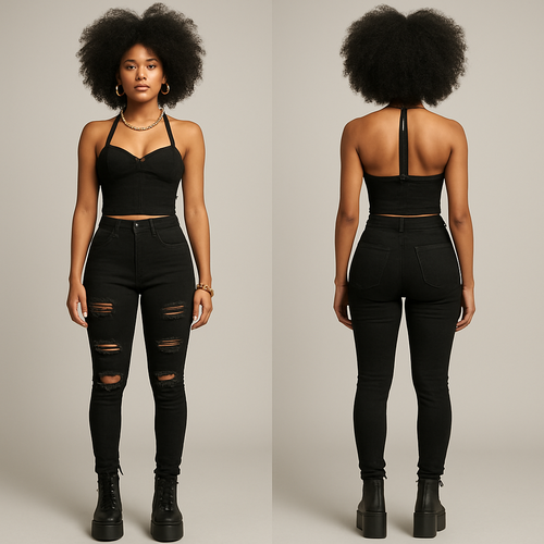 Holster top black ripped jeans platform boots a gold chain Afro hair gold earrings and gold necklace 