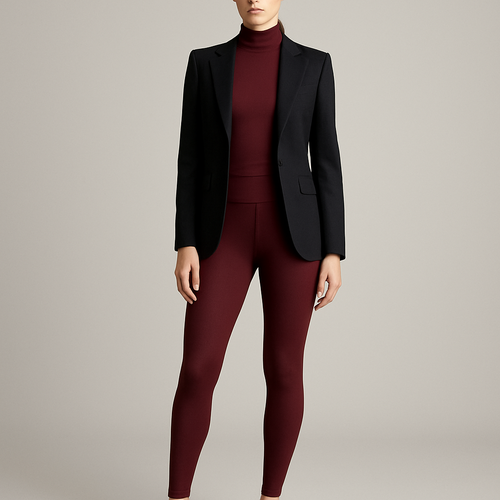 Burgundy dry-fit tight turtle neck and leggings, show head to toe