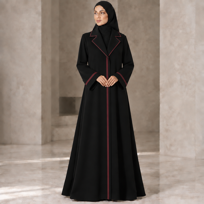 باقي العباية شريط صغير عردي
edit the attached fashion design with these instructions: باقي العباية شريط صغير عردي. keep it photorealistic, just the design no text