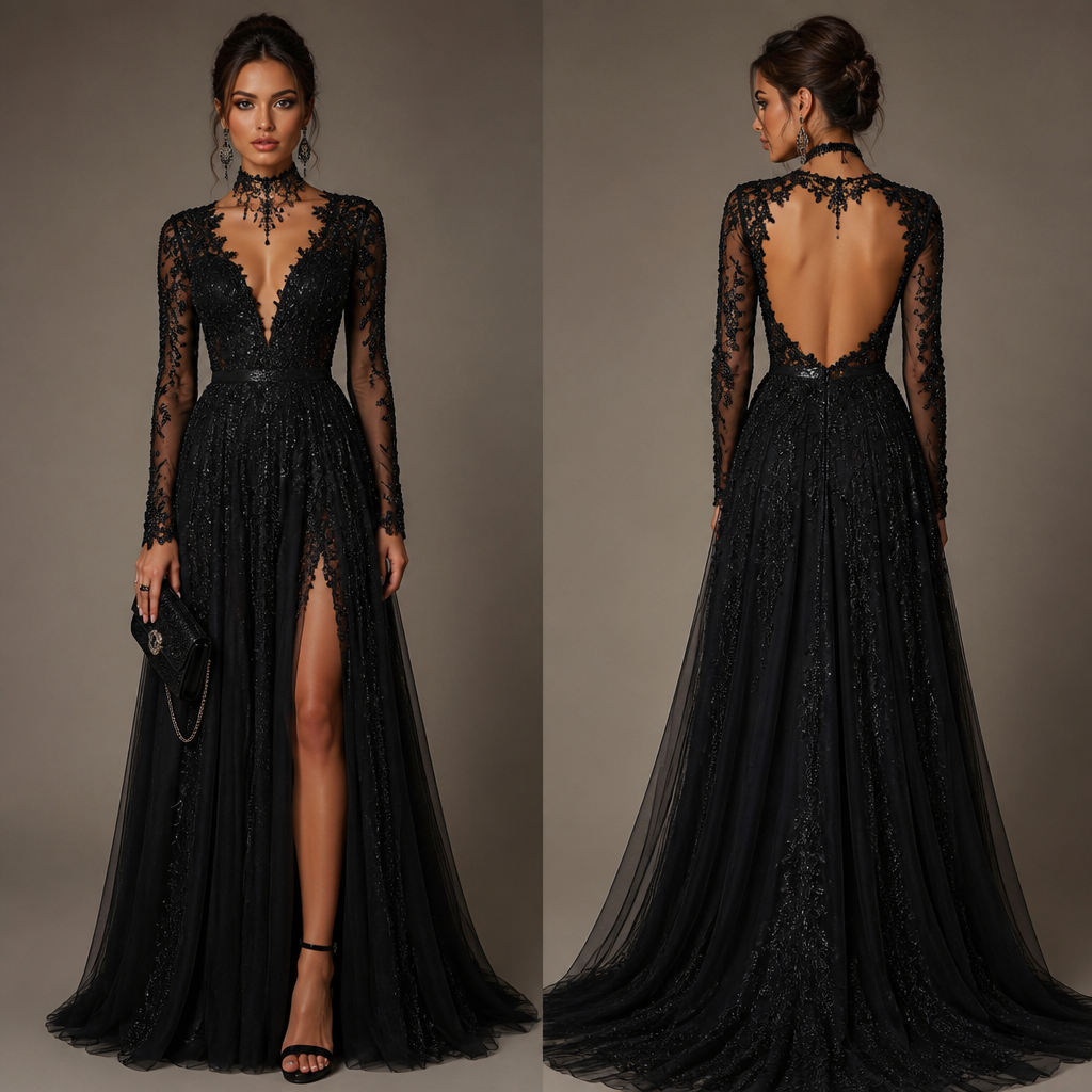 Black prom dress long sleeves with accessories
photorealistic fashion design, Black prom dress long sleeves with accessories, just the design no text, show front and back