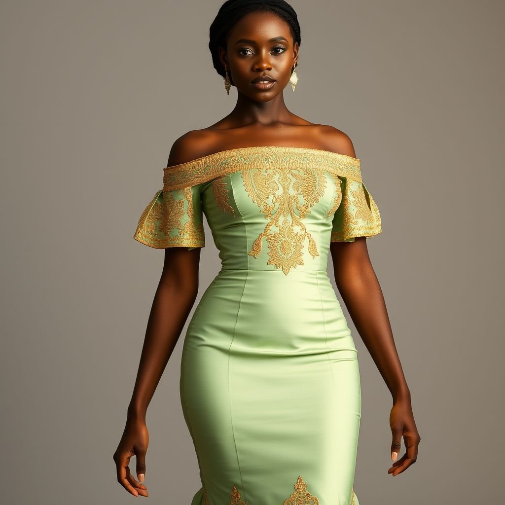 Okay, here's a description incorporating all the details: The dress is a stunning ensemble that masterfully blends traditional Ethiopian influences with a modern, elegant design, tailored for a woman with brown skin. The off-the-shoulder bodice is a focal point, showcasing intricate gold embroidery or beading on a base of pale green fabric. The gold detailing features what appears to be traditional motifs, adding a touch of regal sophistication. The neckline is a straight, off-the-shoulder cut. The skirt is fitted through the hips and flares out into a mermaid silhouette. The flared section of the skirt mirrors the bodice's embellishments, repeating the gold patterns on the white background, creating a sense of harmony and visual continuity. Delicate gold embellishments or appliqués adorn the upper part of the arm. Flowing white fabric creates the body of the dress, the skirt falls in a manner that adds movement. The overall effect is both striking and graceful, the green and gold tones will work incredibly well with the model's brown skin tone. It's the perfect combination of cultural heritage and contemporary fashion, designed to make a statement.
Imagine a breathtaking dress inspired by Ethiopian heritage, blending cultural elegance with modern flair. The off-the-shoulder bodice, adorned with intricate gold embroidery, highlights a rich, pale green fabric. A fitted mermaid skirt flows into a dramatic flare, echoing the bodice's gold motifs. Delicate gold appliqués enhance the graceful arms, ensuring movement and sophistication. Perfect for making a bold statement at any event, this ensemble celebrates tradition while embracing contemporary design, beautifully complementing the model's radiant brown skin tone.