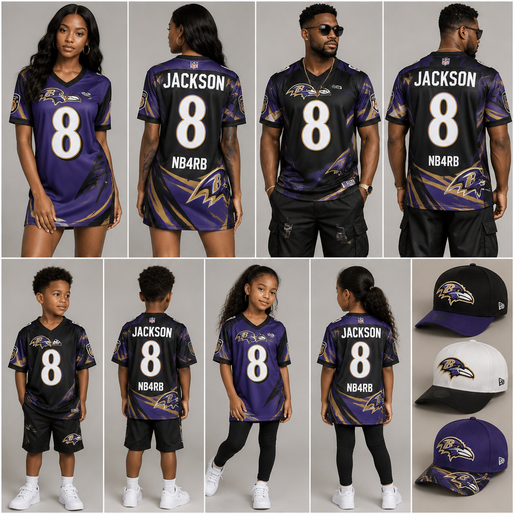 A Female Dress design, suitable for Spring. I want to design tbe American football team Baltimore Ravens shirt with a jersey no 8 back and front and on top at the back it should have the name JACKSON and at the bottom it should be writee written NB4RB this should be for males ,females and kids as well as unisex design use all available color patterns that are used by the Baltimore Ravens. South Africa fashion aesthetics. Present it as professional fashion catalogue photography: the garment is the subject, shown full-length with editorial styling, neutral posing and tasteful, non-suggestive framing.
photorealistic fashion design, A Female Dress design, suitable for Spring. I want to design tbe American football team Baltimore Ravens shirt with a jersey no 8 back and front and on top at the back it should have the name JACKSON and at the bottom it should be writee written NB4RB this should be for males ,females and kids as well as unisex design use all available color patterns that are used by the Baltimore Ravens. South Africa fashion aesthetics. Present it as professional fashion catalogue photography: the garment is the subject, shown full-length with editorial styling, neutral posing and tasteful, non-suggestive framing., just the design no text