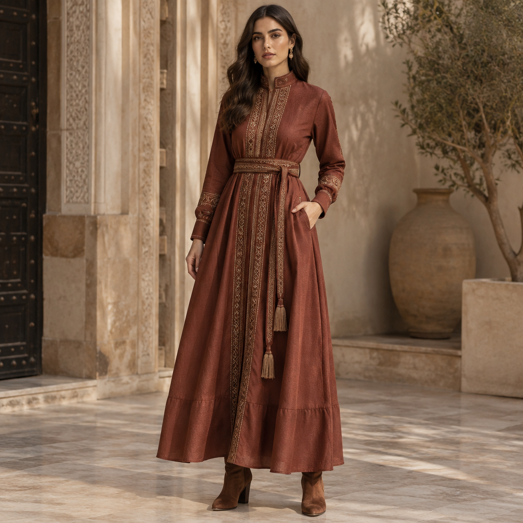A Female Dress design, suitable for Fall. Tunisia fashion aesthetics. Current season is Autumn in Tunisia. Present it as professional fashion catalogue photography: the garment is the subject, shown full-length with editorial styling, neutral posing and tasteful, non-suggestive framing.
photorealistic fashion design, A Female Dress design, suitable for Fall. Tunisia fashion aesthetics. Current season is Autumn in Tunisia. Present it as professional fashion catalogue photography: the garment is the subject, shown full-length with editorial styling, neutral posing and tasteful, non-suggestive framing., just the design no text