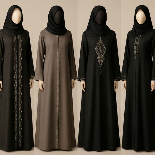 Create me modest abaya that's first in the world, using unique stone design, classy and sophisticated. Keep me 4 designs. Make them rich by adding minimal stone embroidery and stones designs. Showcasing different styles and fabric.
