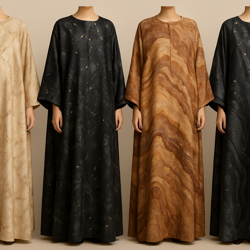 Create a modest boubou, the first of its kind, featuring a unique stone design that exudes a classy and sophisticated vibe. I'd like four designs, each showcasing different styles and fabrics. Incorporate high-end, unique chic stone designs to make them truly special. Add little sophisticated stone designs.