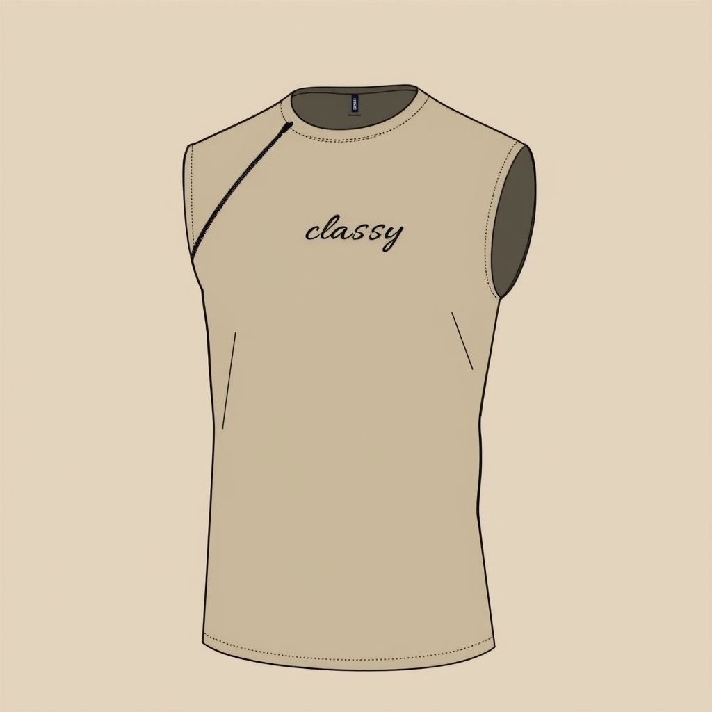 Sleeveless tshirt for men with a small zipper and “ classy “ at the top
Design a modern sleeveless t-shirt for men, featuring a sleek, minimalistic aesthetic. The fabric is a soft, breathable blend in muted earth tones. A concealed zipper runs diagonally from the shoulder, offering a subtle touch of sophistication. The word “classy” is elegantly embroidered in an understated font at the neckline.