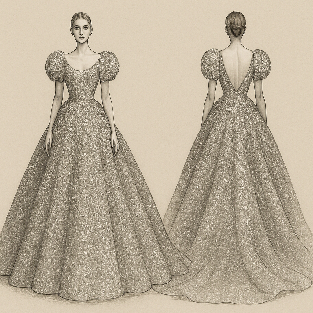 Diamond-studded evening dress with a puffy tail and round shoulders
Diamond-studded evening dress with a puffy tail and round shoulders
, show front and back